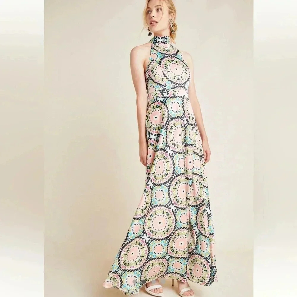 NWT new Anthropologie Serena halter maxi dress Nicole miller 10p 10 circle green